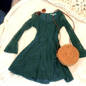 Green lace long sleeve mini dress
